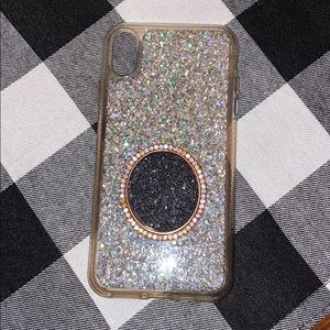 Xs max silver glitter case with diamond pop socket